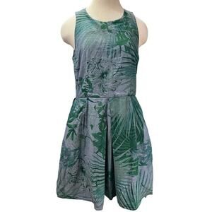 Retro Style Gap Dress Size 8 Sleeveless Botanical Palm Print Chambray Blue Green